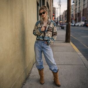 Vintage 90s Beige Blanket Jacket Cropped Southwestern Aztec Cowgirl Size Medium